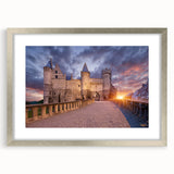 Extra large abstract art print featuring textured scenery of a European landscape in muted earth tones, framed in silver.