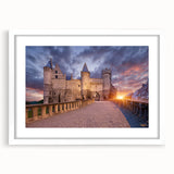 Textured abstract art print of a European scenery in muted earth tones, framed with a white mat, ideal for bedroom decor.