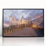 Large abstract wall art depicting a European scenery in muted earth tones on a framed acrylic.