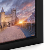 Extra large framed canvas featuring a textured, colorful depiction of a European cityscape in black with vibrant accents.