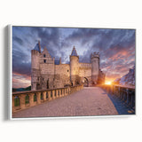 Vintage poster art featuring a colorful European scenery on extra large framed canvas, ideal for living room decor.