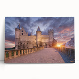 Black and white photograph of a European cityscape on stretched canvas, ideal for kitchen wall art.