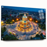 Acrylic print of a Bulgarian landscape in muted green and blue tones, suitable for dining room decor.