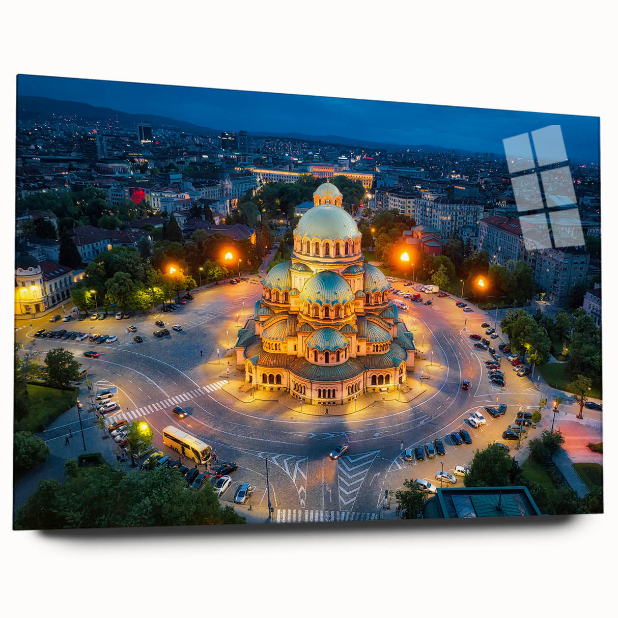 Large abstract wall art of a European landscape in muted earth tones, printed on acrylic glass.