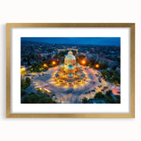 Abstract art print of a European scenery in muted earth tones on a framed canvas, ideal for dining room decor.