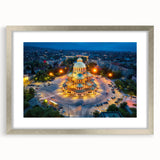 Extra large abstract art print depicting a textured European scenery in muted earth tones, framed with a silver mat.