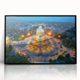 Large abstract wall art featuring a mid-century modernist design with vibrant hues of blue and orange on a framed acrylic…