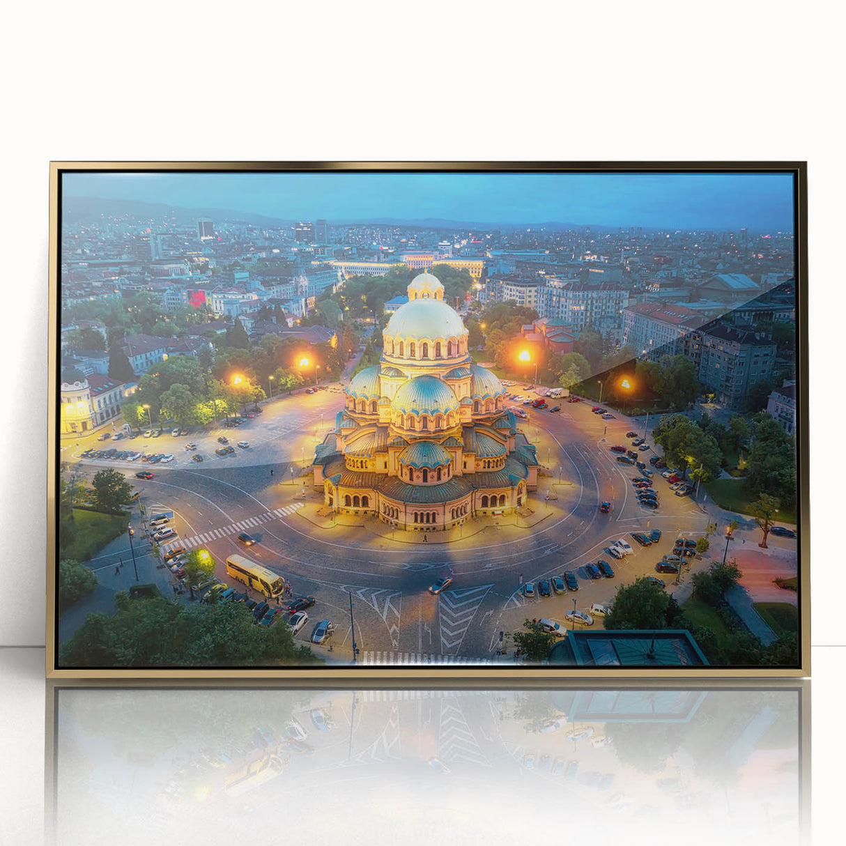 Acrylic print of a European Bulgarian landscape in art deco style, featuring muted earth tones.