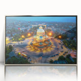 Large art print of a European Bulgarian scenery in muted earth tones on a silver-framed acrylic.