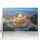 Mid-century modernist art depicting a serene Bulgarian landscape in muted earth tones on a framed acrylic.