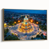 Framed canvas featuring a vintage-style landscape painting of a Bulgarian scenery in muted gold and black.