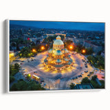 Vintage poster art of a Bulgarian landscape in vibrant colors on a large framed canvas, ideal for living room decor.