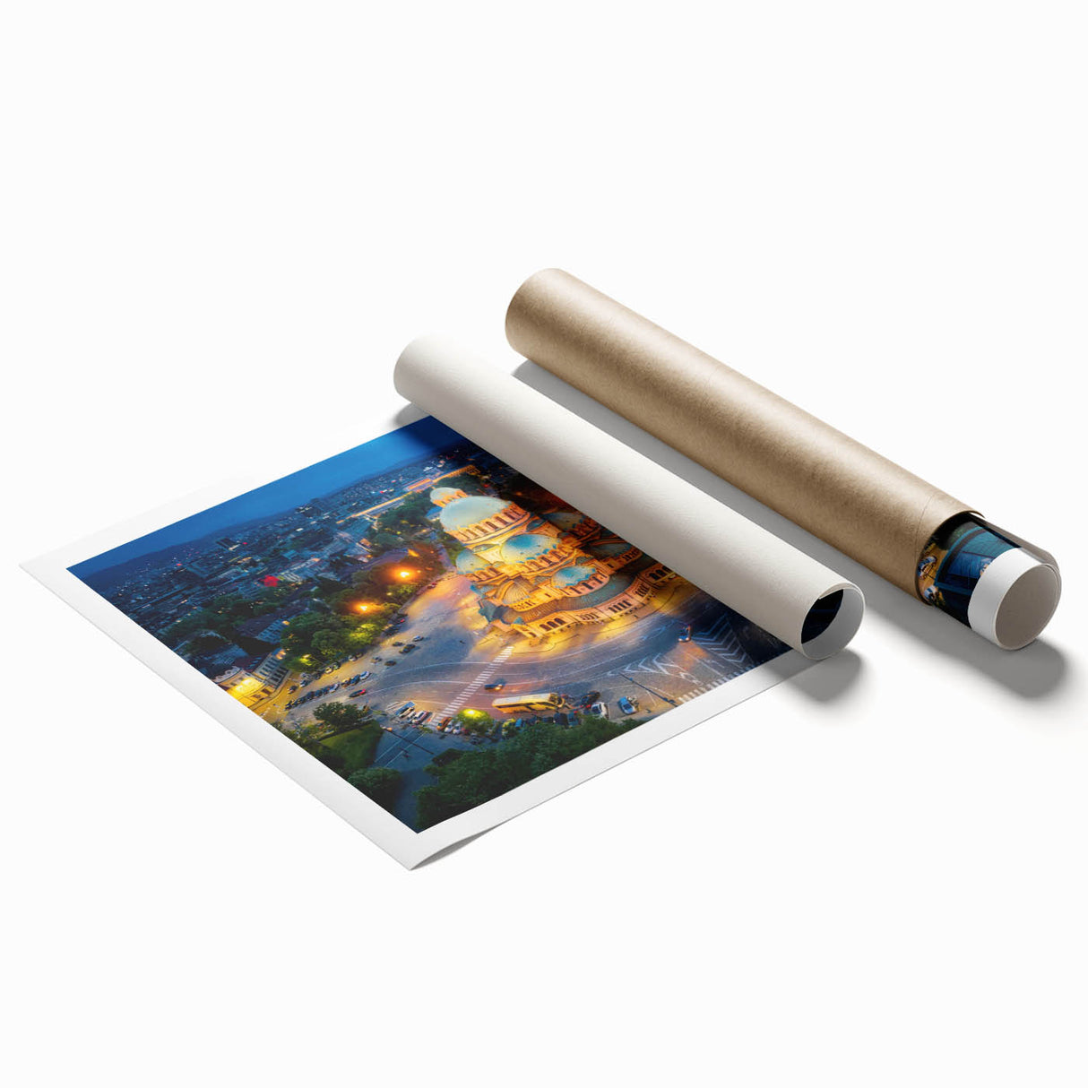 Extra large rolled print of a Bulgarian landscape with vibrant green and soft blue tones, ideal for classy bathroom wall art.