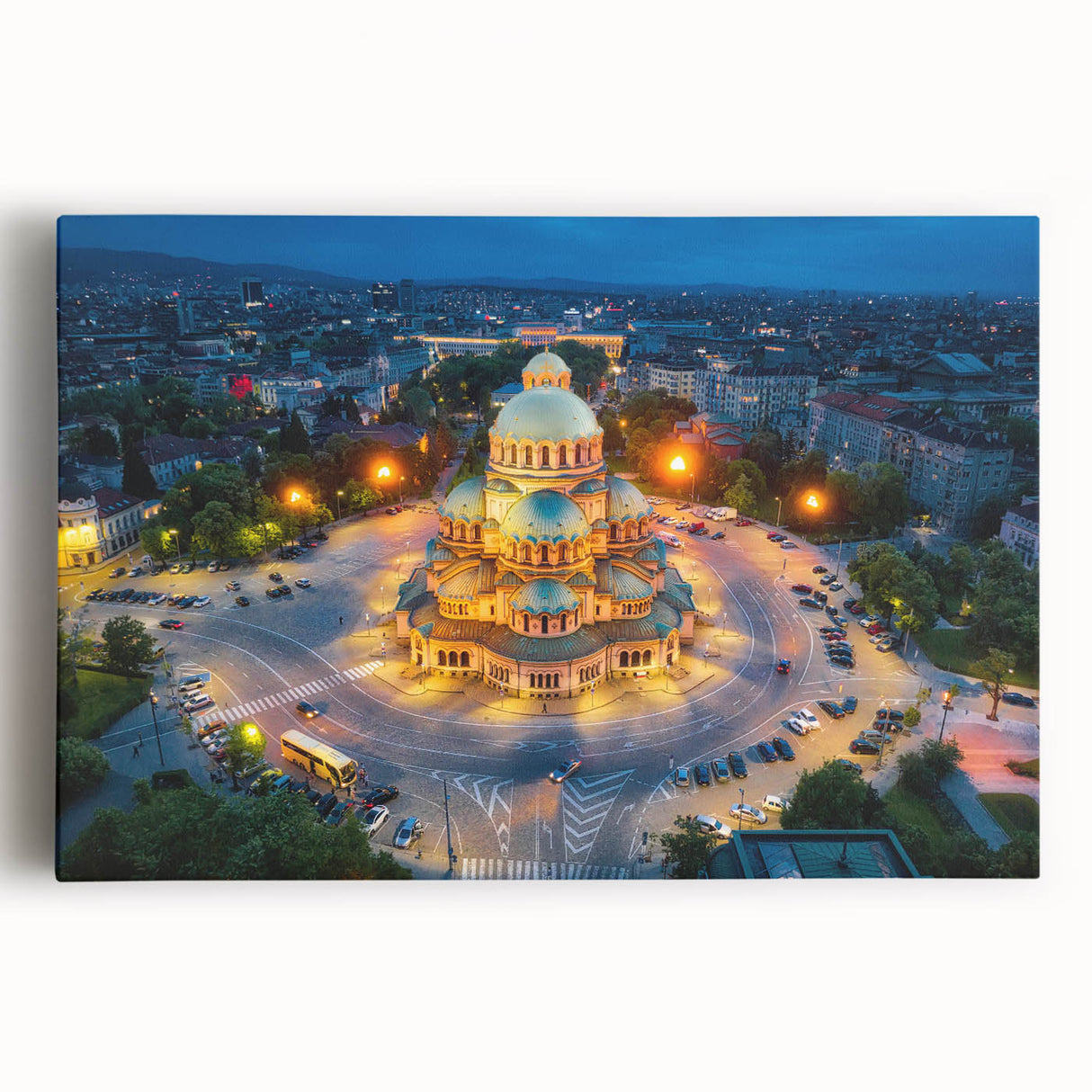 Black and white photograph of a European cityscape on stretched canvas, ideal for kitchen wall art.