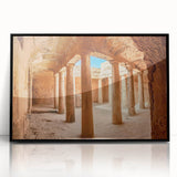 Large abstract wall art featuring a mid-century modernist European scenery in Cyprus, displayed in a black framed acrylic.
