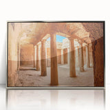 Large art print of a European Cyprus landscape in muted greens and blues on a framed acrylic.