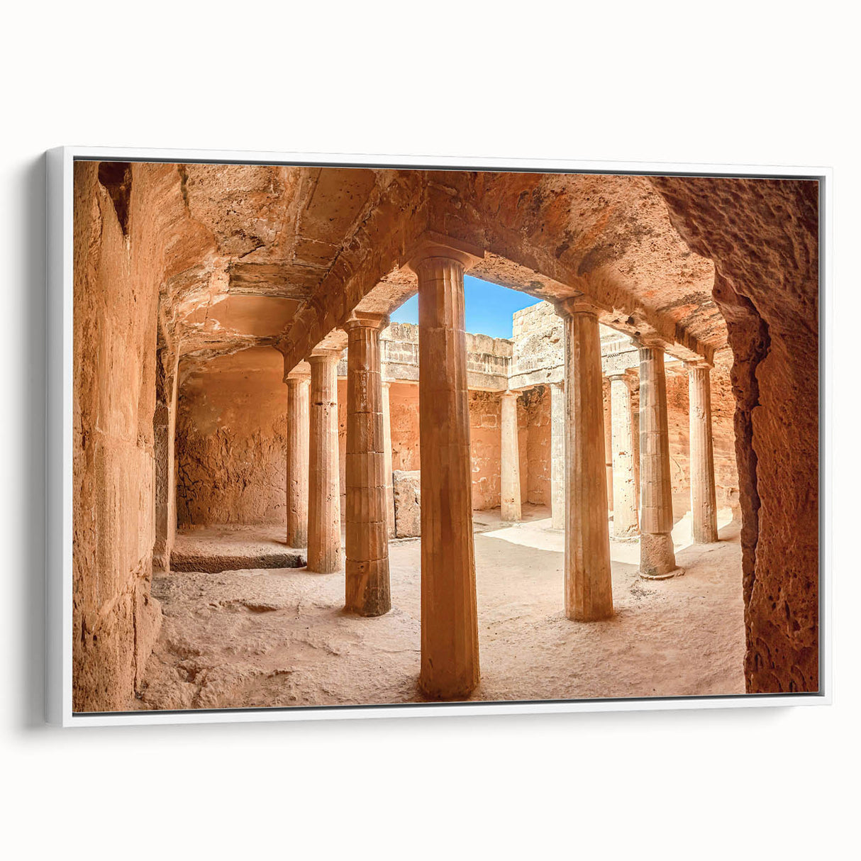 Vintage poster art of a European Cyprus landscape, colorful palette, framed canvas, ideal for living room decor.