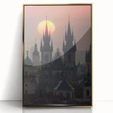 Art deco style poster of Prague skyline in gold and black tones, acrylic framed, suitable for modern art wall decor.