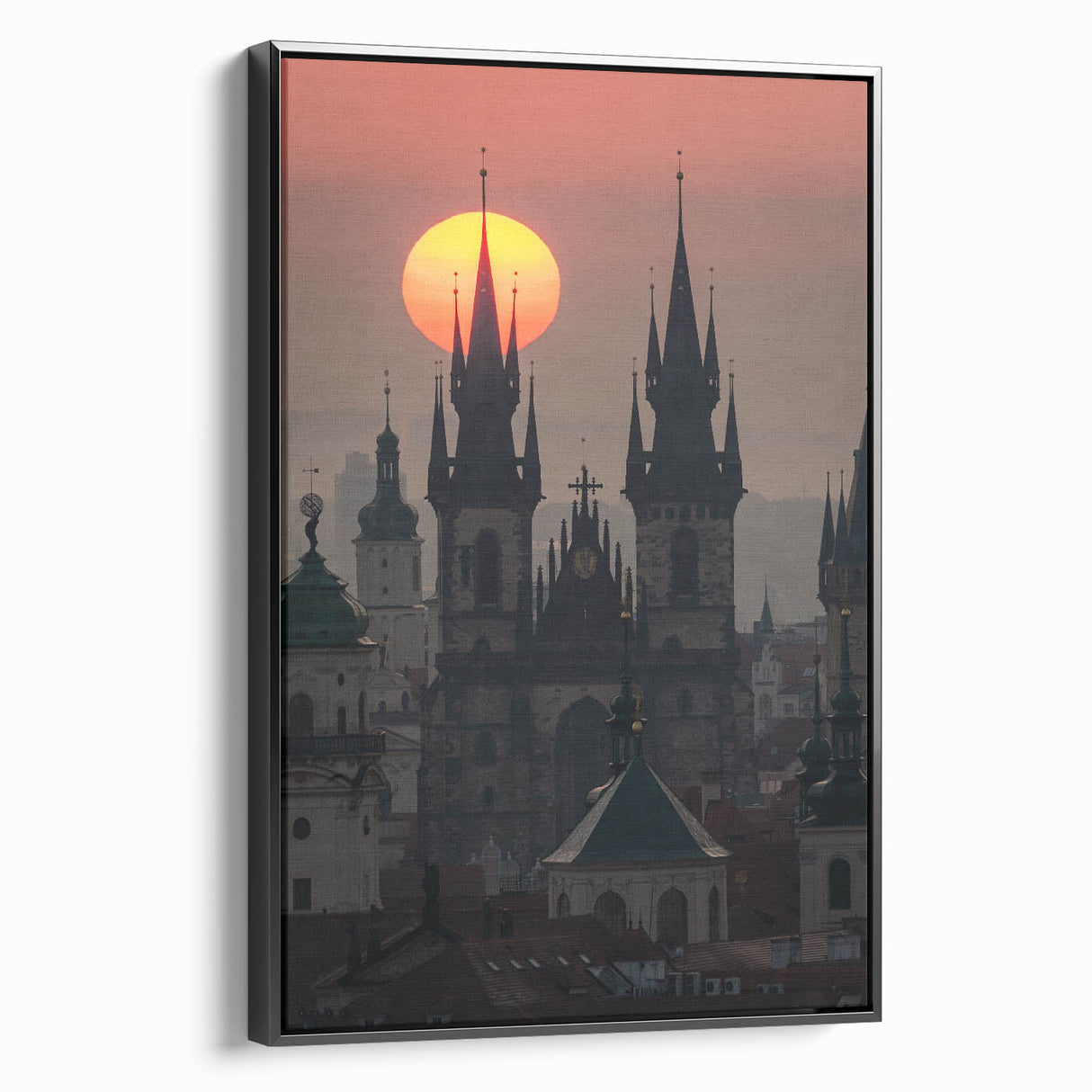 Black and white framed canvas of Prague landscape, ideal for bedroom wall art in vintage poster style.