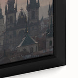 Extra large framed canvas of a textured Prague scenery in black with colorful accents, ideal for living room decor.