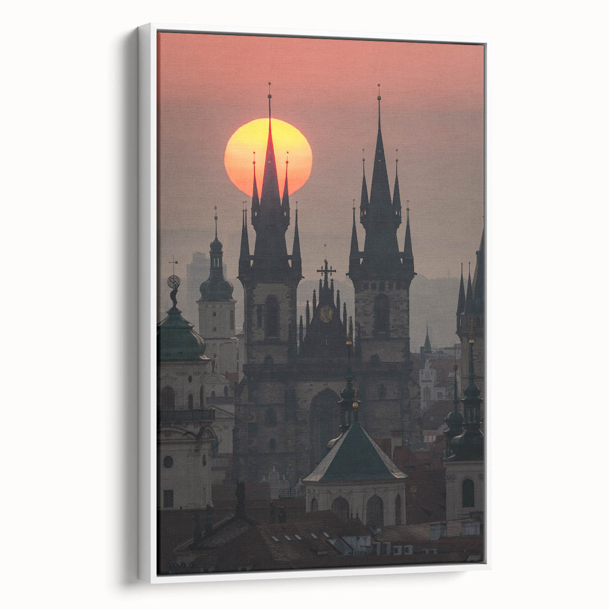 Vintage poster art of Prague on framed canvas, featuring colorful imagery on a black background.
