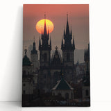 Black and white photo of Prague skyline on large stretched canvas, suitable for kitchen art.