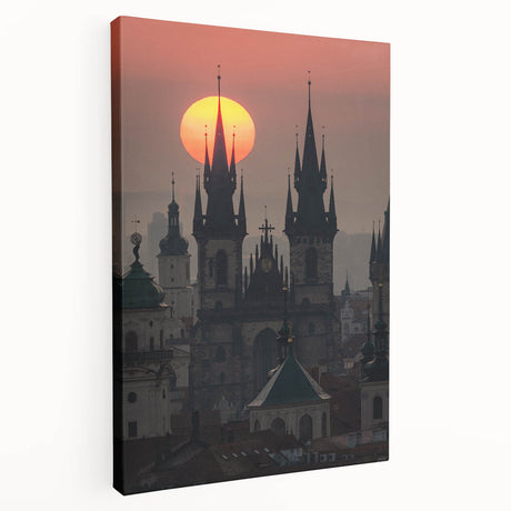 Panoramic view of Prague skyline in muted earth tones on a large stretched canvas, suitable for kitchen wall art.