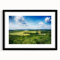 Extra large abstract art print of a colorful, textured European scenery in a black frame, ideal for living room decor.