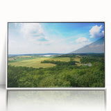 Framed acrylic print of a mid-century modernist Czech Republic cityscape in muted earth tones, ideal for nursery wall art.