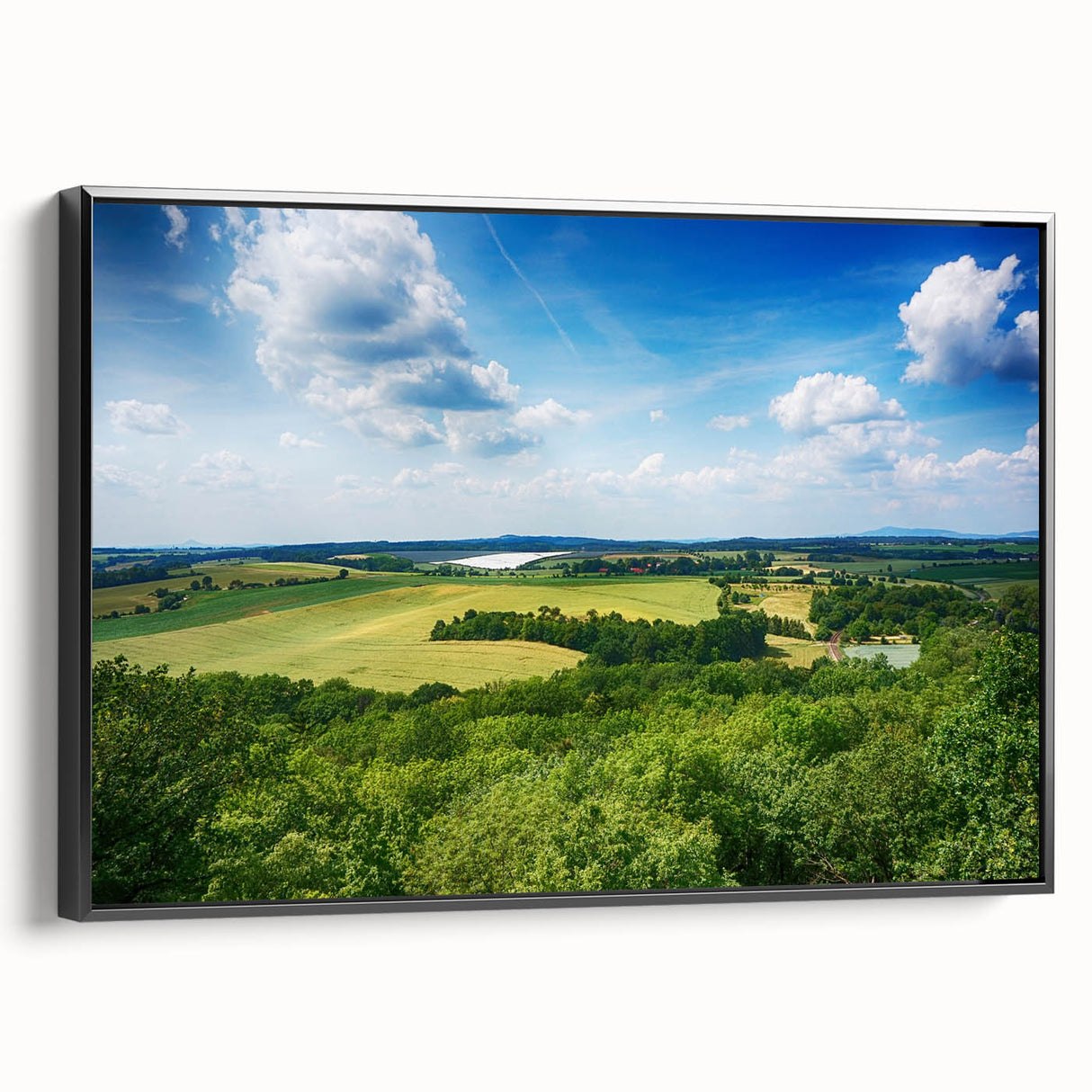 Framed canvas of a black and white vintage poster featuring a Czech Republic landscape, ideal for bedroom decor.