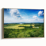 Vintage poster art of a Czech Republic scenery on a framed canvas, featuring colorful art in gold and black.