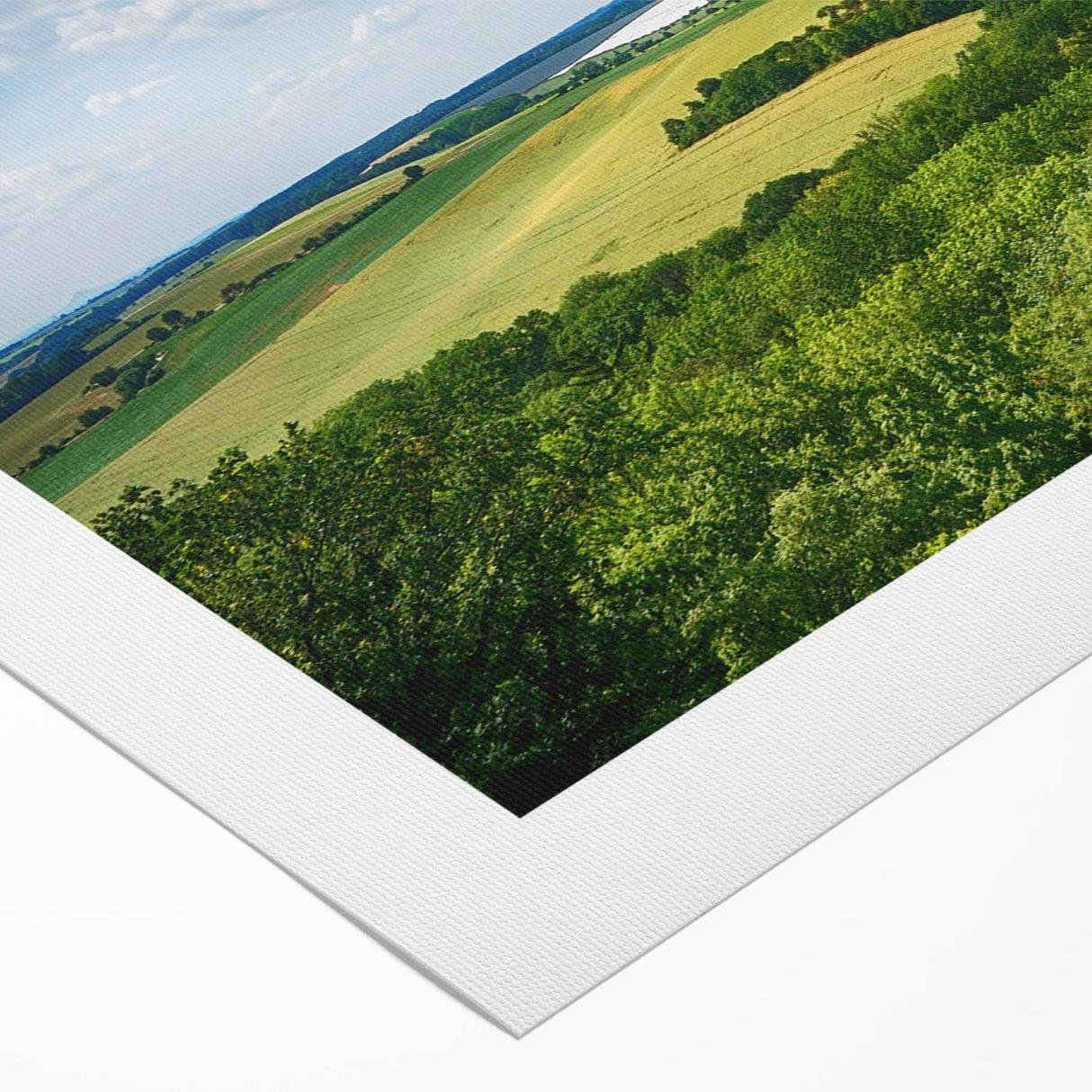 Art deco poster depicting a scenic European landscape in muted earth tones on a rolled canvas.