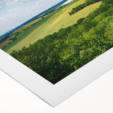 Art deco poster depicting a scenic European landscape in muted earth tones on a rolled canvas.