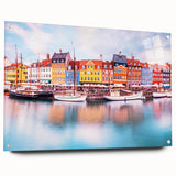 Acrylic print of a European landscape with muted green and blue tones, ideal for dining room decor.