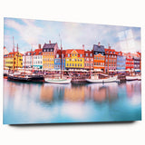 Large abstract acrylic print of a European scenery in muted green and blue tones, ideal for bedroom or dining room decor.