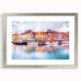 Extra large abstract art print featuring textured scenery of a European landscape in muted earth tones, framed in silver.