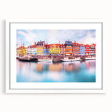 Textured abstract art print depicting a European scenery in muted earth tones, framed with a white mat.