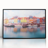 Large abstract wall art featuring a mid-century modernist design of a Danish landscape in muted earth tones on a framed…