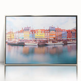 Large art print of a mid-century modernist European scenery in Denmark, featuring muted tones on framed acrylic.