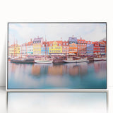 Mid-century modernist art depicting a serene Denmark landscape in muted colors on framed acrylic.