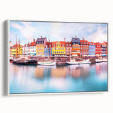 Vintage poster art of a colorful European Denmark scenery on extra large framed canvas, ideal for living room decor.