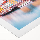 Art deco poster of a European cityscape in muted blue and gray tones on rolled canvas, suitable for dining room decor.