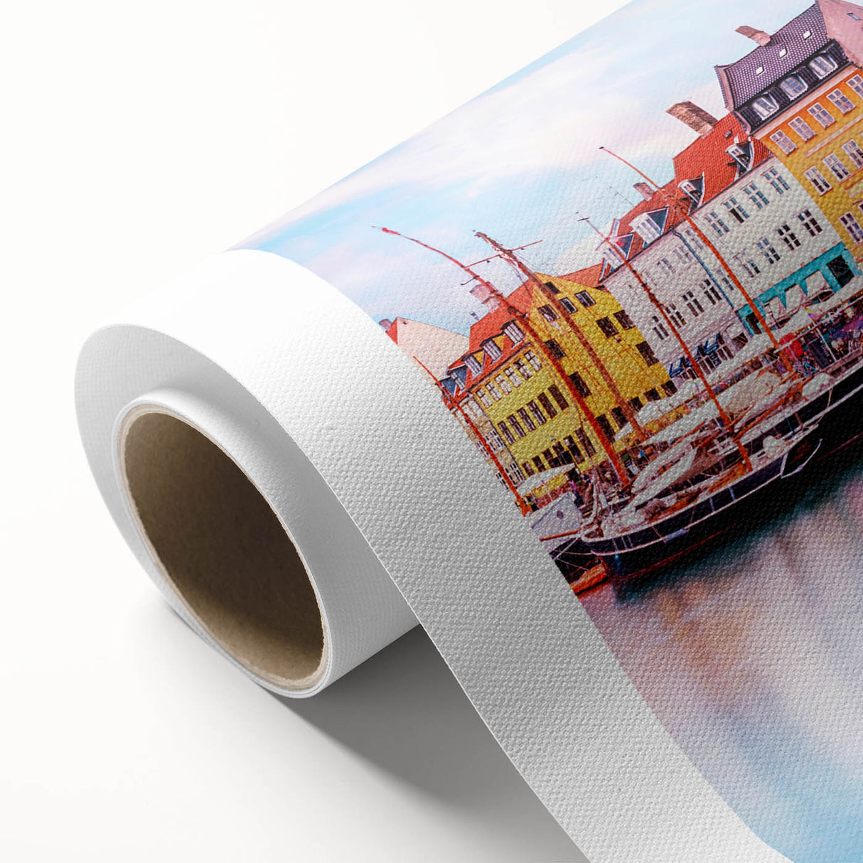 Art Deco poster depicting a serene Danish landscape in soft pastel colors, ideal for nursery wall art, rolled canvas format.