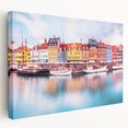 Large art depicting a serene Danish landscape on stretched canvas, featuring muted green and blue tones.