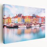 Large art depicting a serene Danish landscape on stretched canvas, featuring muted green and blue tones.