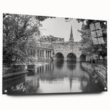 Acrylic glass print of a European cityscape in muted earth tones, ideal for dining room decor.