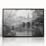 Large abstract wall art depicting a European scenery in Bath, England, in muted gray tones on a framed acrylic print.