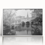 Mid-century modernist art depicting Bath, England, in acrylic with a white frame, suited for nursery wall art.
