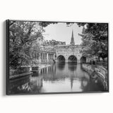Black and white vintage poster art of Bath, England landscape on framed canvas, suitable for bedroom decor.