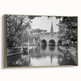 Framed canvas depicting a vintage-style landscape of Bath, England, in black and gold tones, ideal for bedroom wall art.